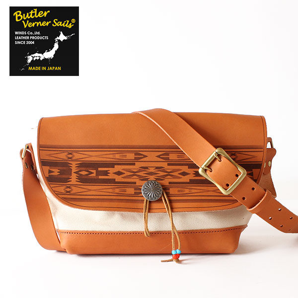 Butler Verner Sails/メンズ/レディース/フラップショルダーバッグ/本革/レザー/ヌメ革×4号キャンバス×コンチョボタン/MADE IN JAPAN/日本製/バトラーバーナーセイルズ
