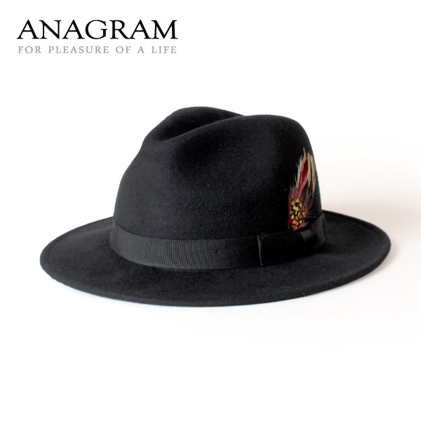 (アナグラム) ANAGRAM つば広帽子 ウールフェルトハット 中折れハット 羽根付き帽子 F57cm~59cm メンズ レディース